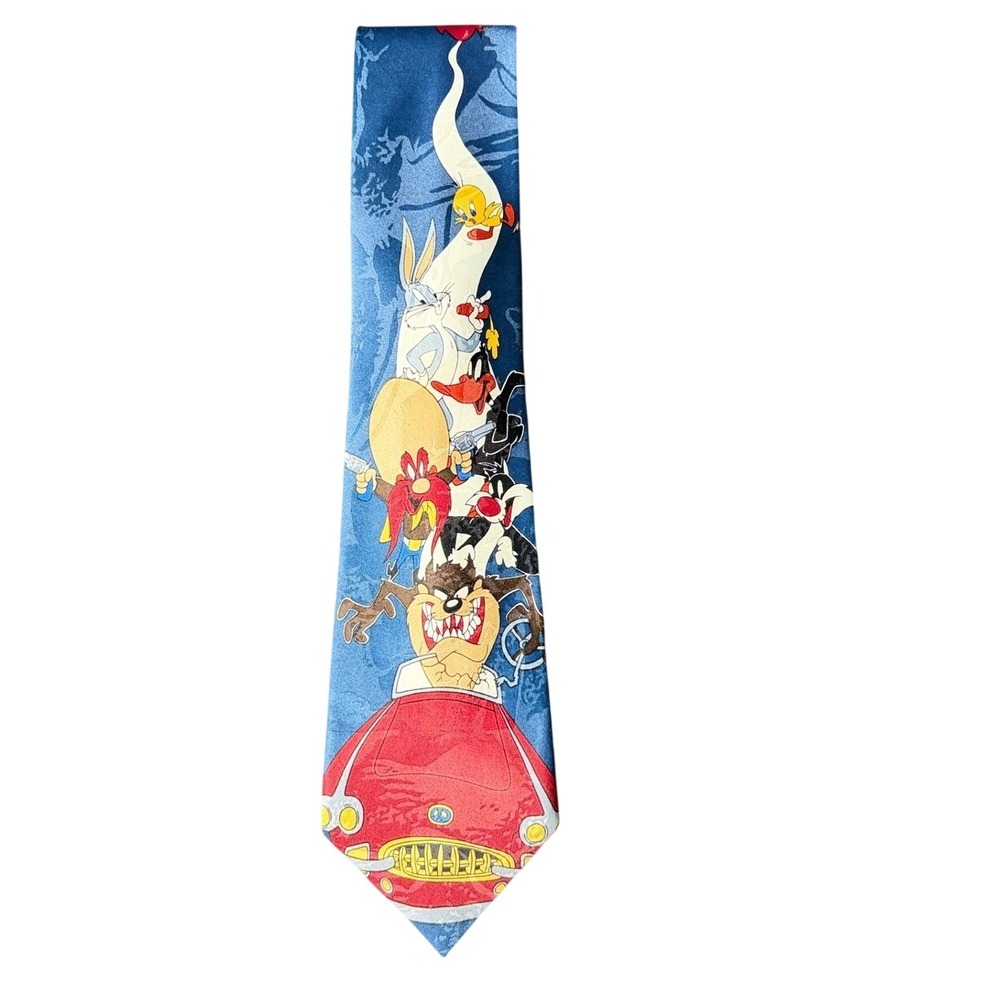 Vintage 1993 Looney Tunes Character Tie Bugs Bunny Taz Daffy Duck Blue Silk Tie